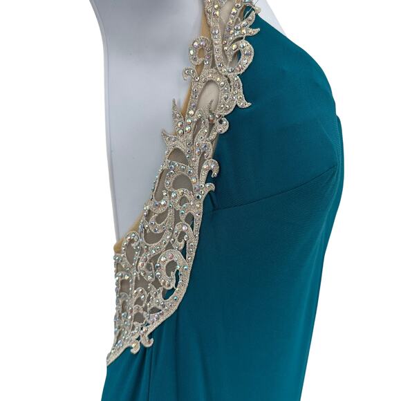 La Femme Prom Dress SZ 6 Teal Sleeveless Formal Embellished Lace Strap Racerback - Picture 6 of 16